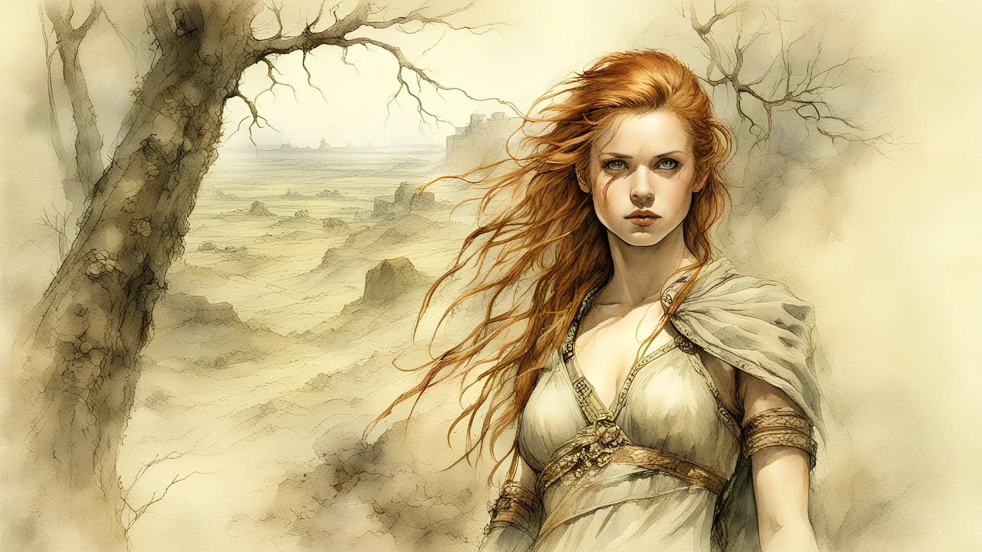 Hyper-photorealistic watercolor art style by Luis Royo , ginger-haired woman with natural skin tones, hyperdetailed face, full body diagonal shot, encounters male bandits in dark fantasy countryside setting, absence of mysterious elements, dramatic lighting, ultrafine detail, octane rendering., by