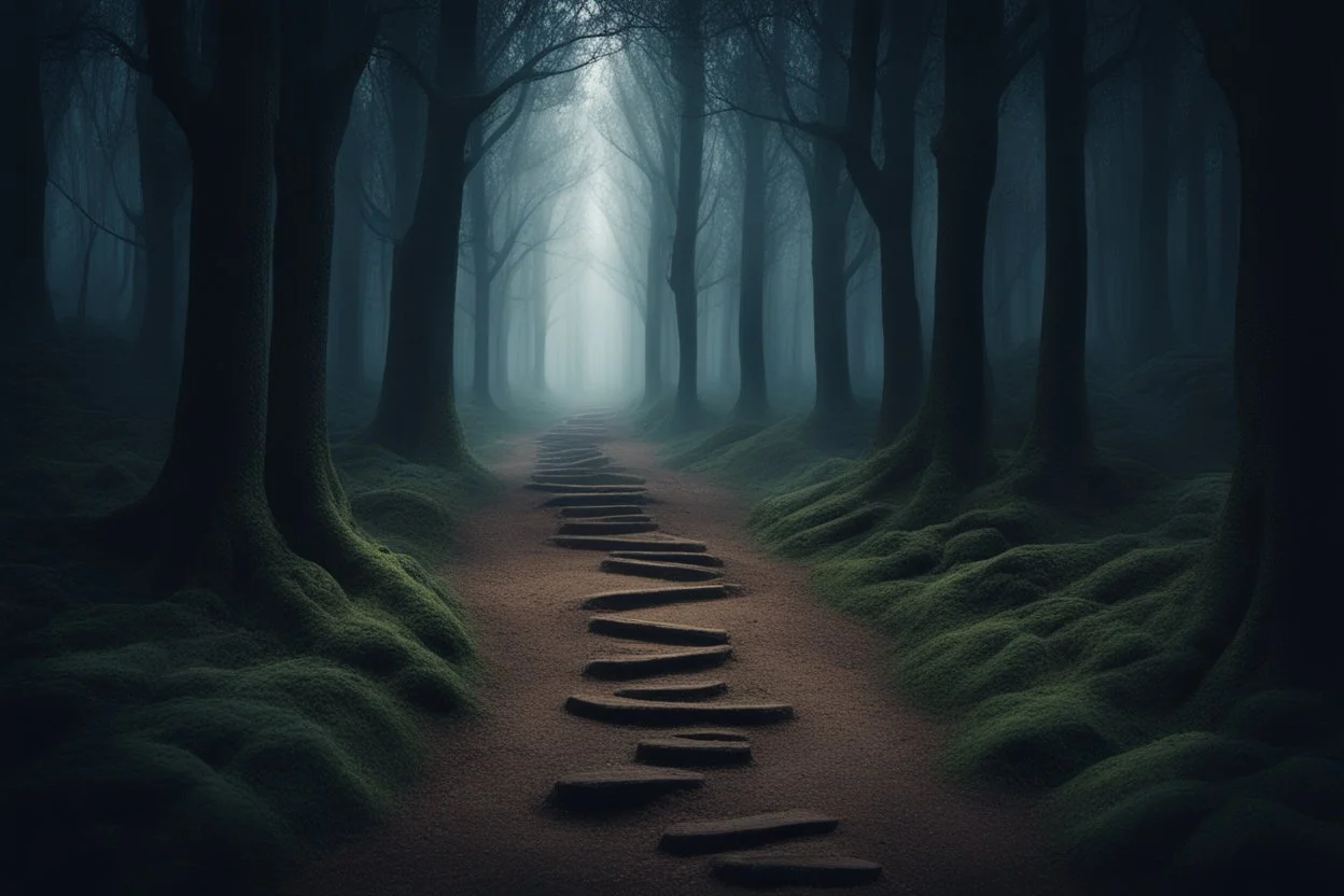 лес темный, с тропинками