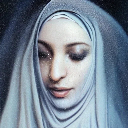 close-up portrait of woman in hijab partly dissolved into dust, fade away as dust, fine detail, highly intricate, wearing bridal veil, modern surrealism painting, defined cracks and breaks, high-quality, volumetric lighting, 8k, ultrahd, George Grie, Marco Escobedo, Igor Morski,Brian Froud, Howard Lyon, Selina French,