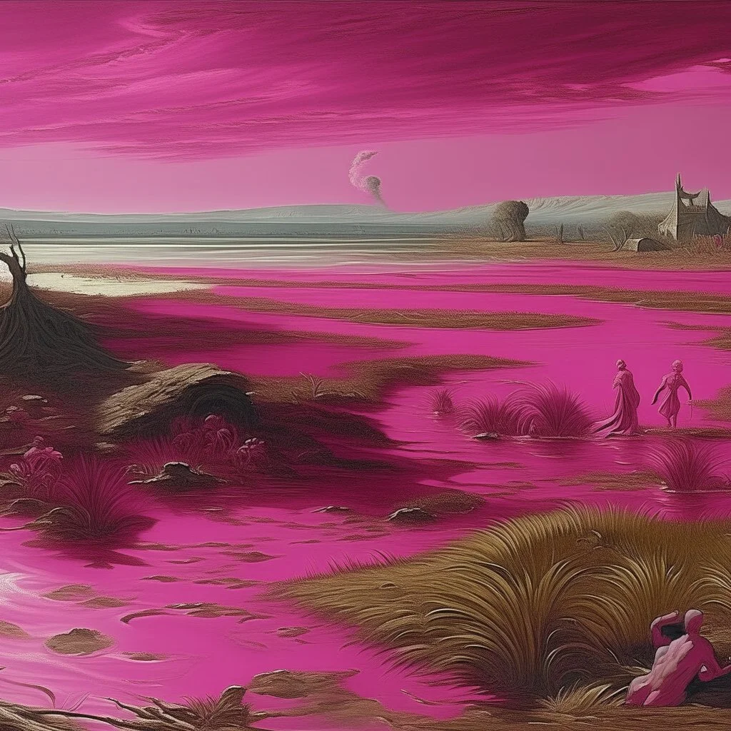 Magenta psychic wetlands near a beach painted by Michelangelo di Lodovico Buonarroti Simoni