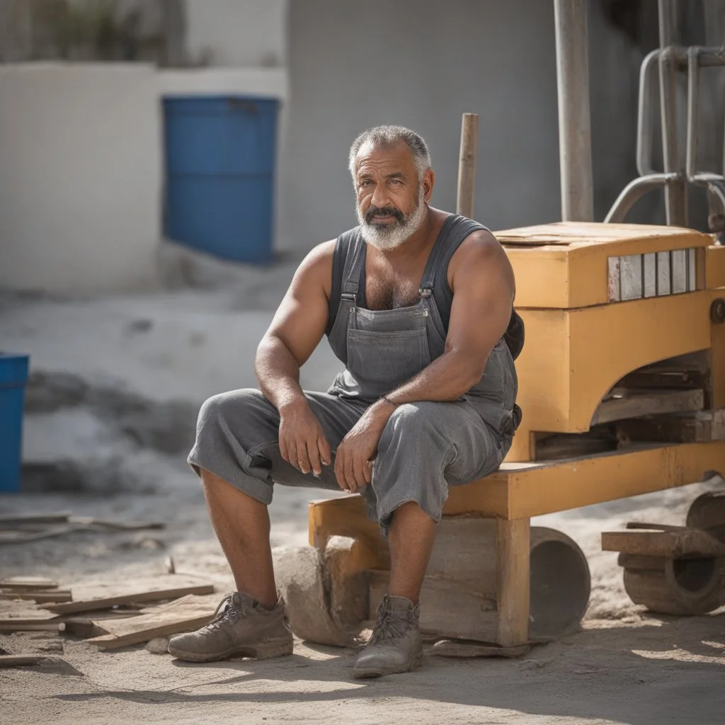 photography of a arab ugly burly serious wet sweaty, beefy strong fat carpenter, shirtless, in short pants, in overall, bulge, manly chest, very hairy, big goatee 50 years old, short hair, sitting with open legs on a little chair , on a construction site in the middle of a road, under the August sun, emotional eyes, , hyper-realistic, photorealistic , frontal view from the ground