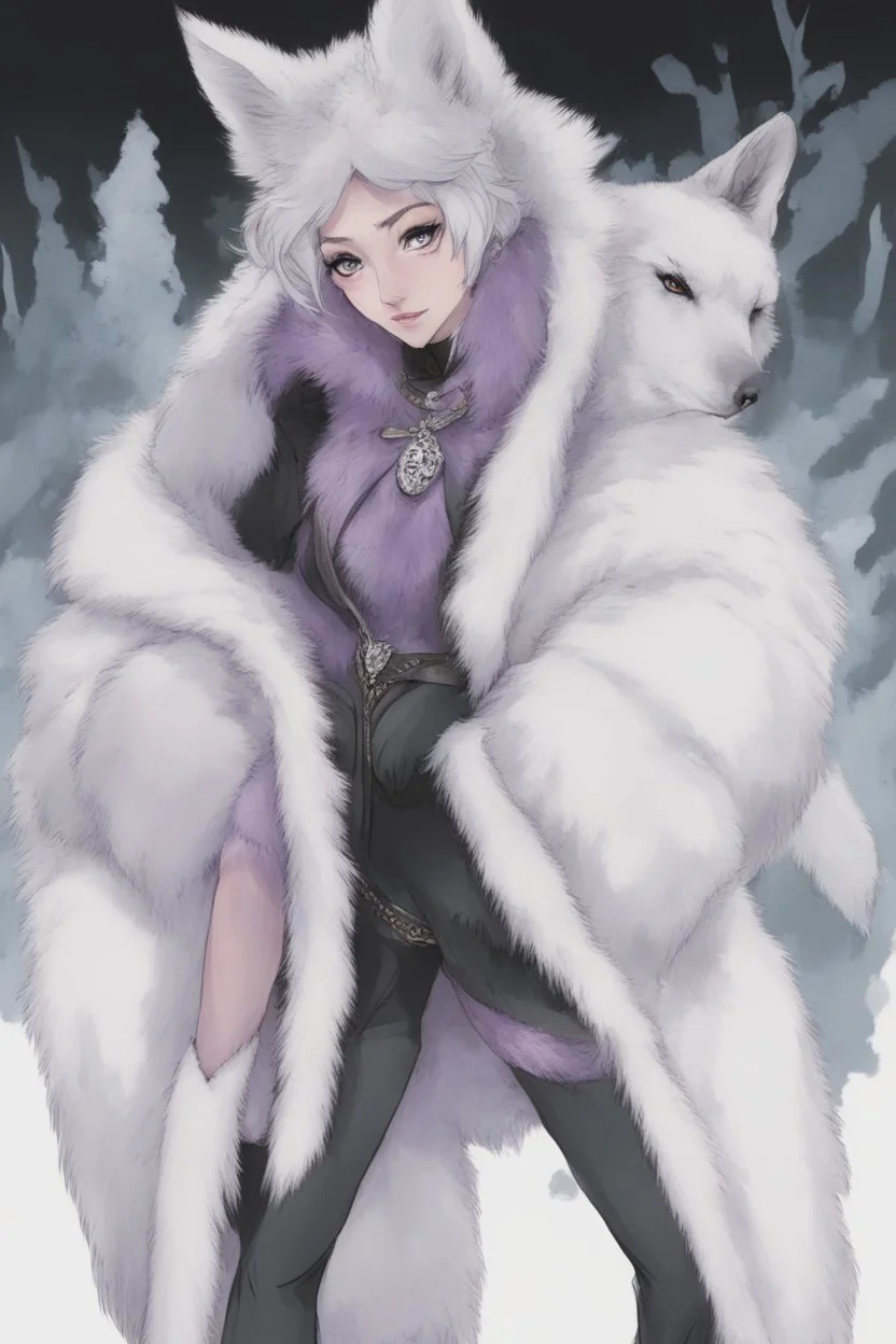 A dnd character sheet. A woman dressed for the cold north in black and white furs, with black hair and lilac eyes. Wolf pelt