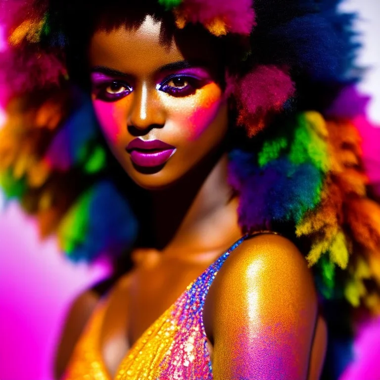 full body shot, masterpiece, best quality, woman, dark skinned, sparkling eyes, fluorescent skin, colorful makeup, afro, highly detailed body, sun light, 4K, RAW, depth of field, high contrast, realistic details, 24mm