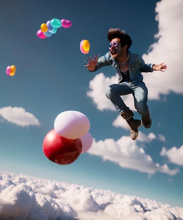 Ultra realistic speed clouds sky scene, wide angle view, sweet men falling down, Childs, feather inflatable color clothing, free jumping flying, many trinkets, hair monster, many jelly beans, balls, color smoke, smile, happy, circus style, extreme, wind, clouds sea, 20,000 feet altitude, stratosphere, soft color, highly detailed, unreal engine 5, ray tracing, RTX, lumen lighting, ultra detail, volumetric lighting, 3d, finely drawn, high definition, high resolution.