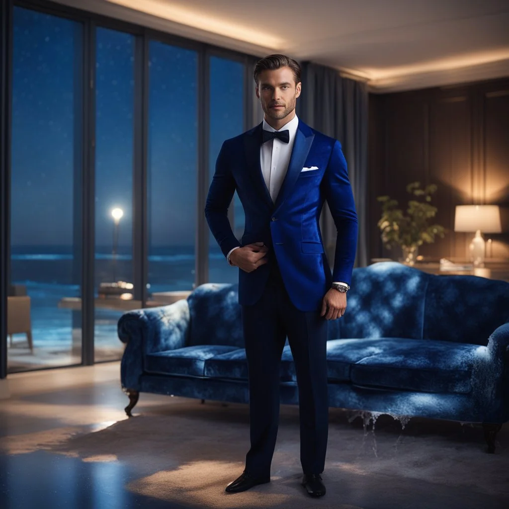 Hyper Realistic Handsome-Muscular-Man-with-little-smile Wearing Navy-Blue-Velvet-Tuxedo standing in a dark-room with blue-patterned-living-room-with-glass-windows-&-beach-view-at-night & water-splashes on the floor with fancy-navy-blue-couch-&-fancy-lamps-on-wall