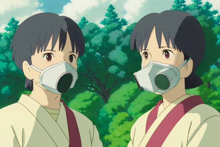 A close-up of Yui and Toshi wearing respirators, their eyes widened in revelation as they discover the connection between the Whispering Pines and their respirators, the trees glowing faintly in the background.