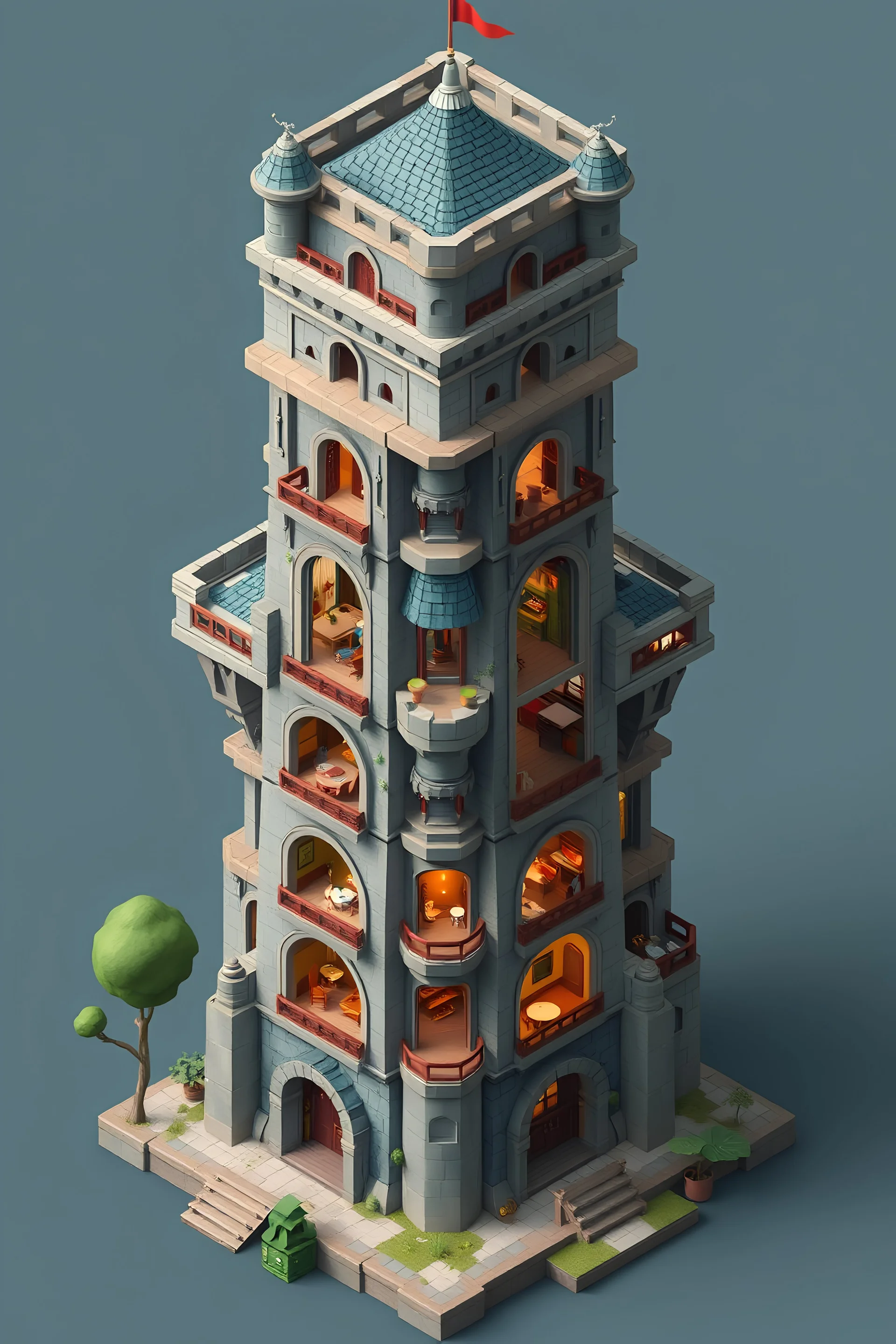 low poly 3D simple middle age fairy magic fantasy isometric tower with many similar floors, with different room interiors on each floor