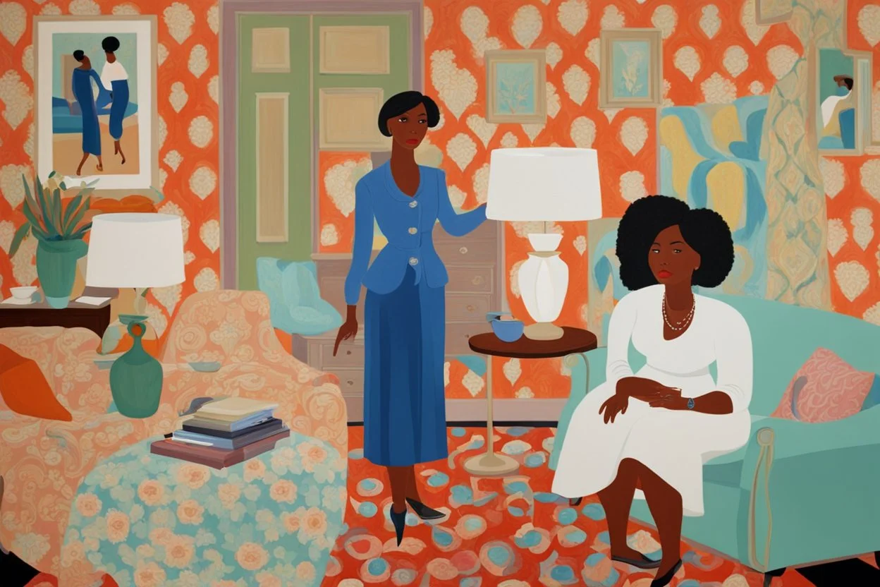 A painting of two women in a living room with vivid wallpaper by artist "Lois Mailou Jones"