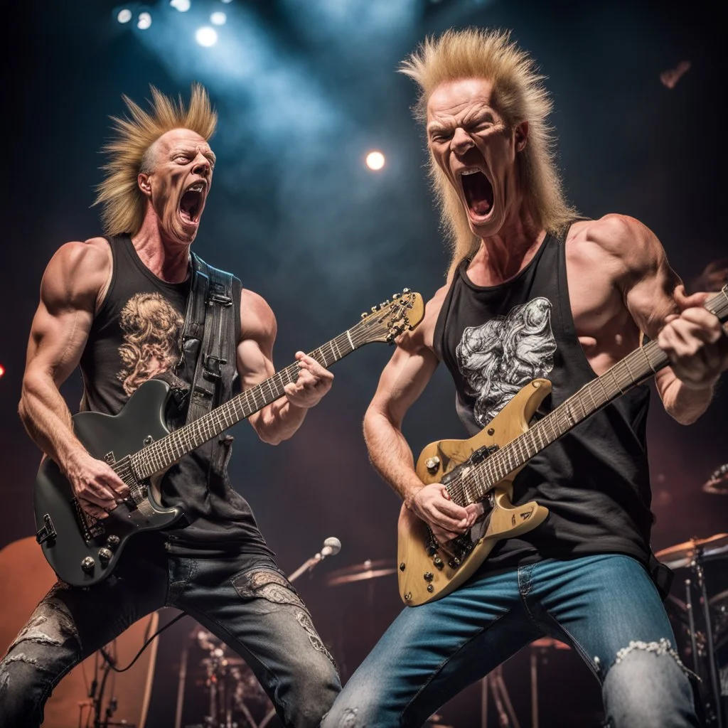 Beavis and Butthead as muscular heavy metal guitarists, wearing t-shirts, screaming on stage and playing guitar, professional concert photography, spotlight, intricately detailed, cinematic, cartoon, dynamic composition