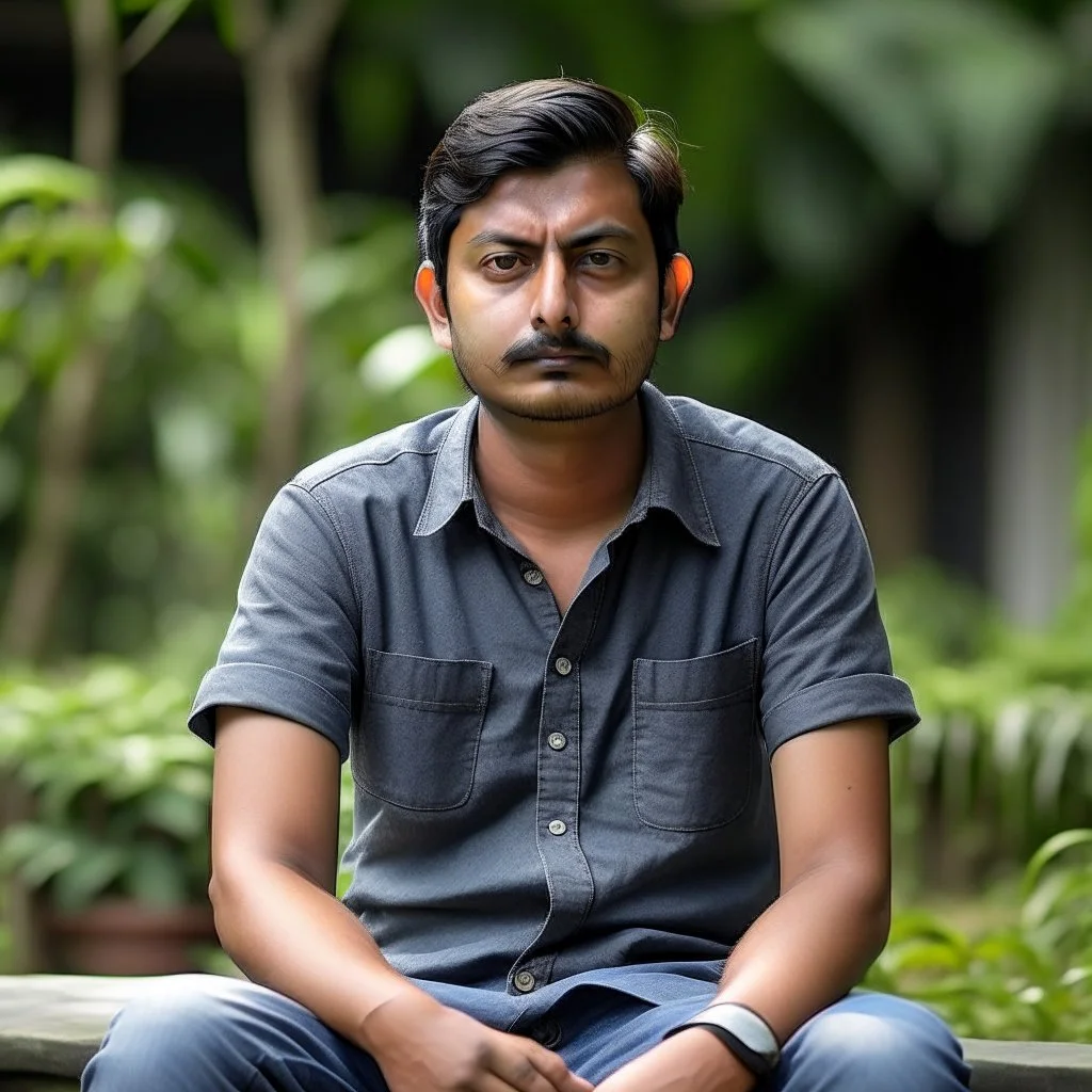 an 30 year old indian man, oval face, white skin, wearing shirt and jeans, sitting in a garden, peaceful, front face portrait, short hair, slightly muscular built, handsome