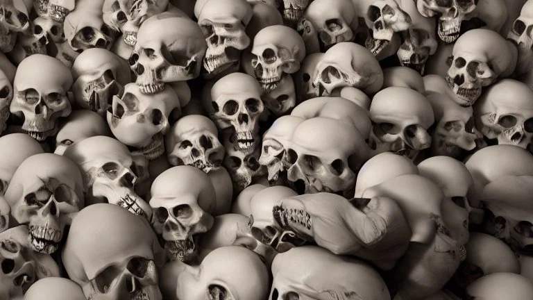 hundreds of anatomically correct, human skulls stacked into a wall unusual neon lighting, high octane, 64k, dystopian, vray, a picture of a dark, comedic, anatomically correct wall of colorful tightly packed skulls of varying sizes and expressions, photo-realistic, insanely meticulous, highly detailed,, 64k, dystopian, vray