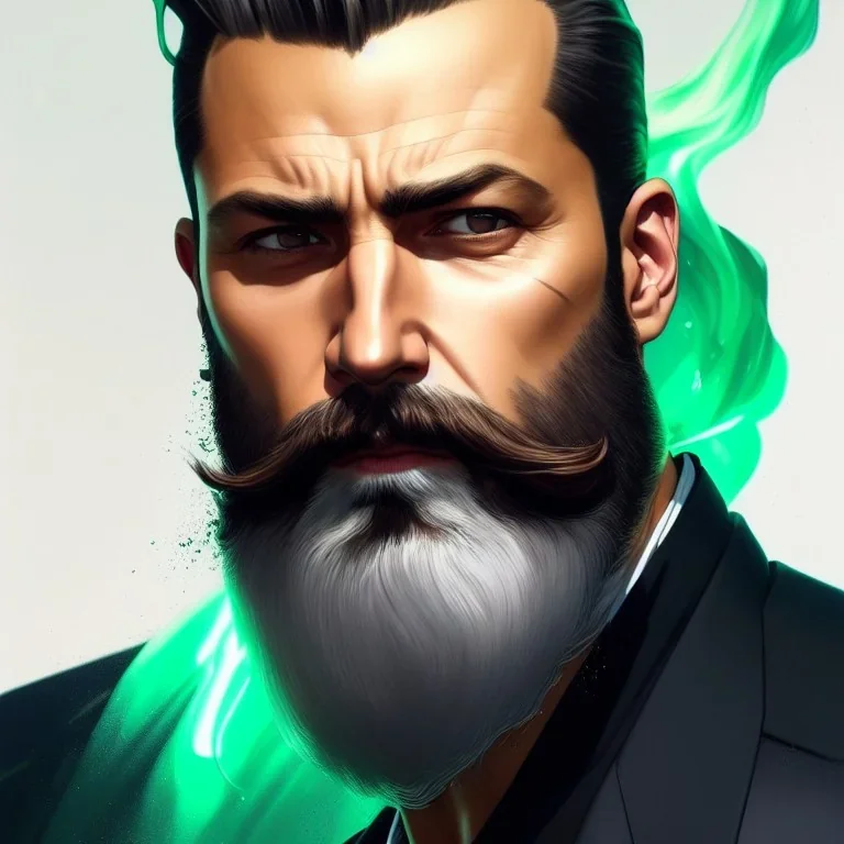 "MIddle aged white human male, with a trimmed but uneven beard, piercing green eyes with slick back hair, full-scale head and shoulders portrait, 8k resolution concept art portrait by Greg Rutkowski, Artgerm, WLOP, Alphonse Mucha dynamic lighting hyperdetailed intricately detailed Splash art trending on Artstation triadic colors Unreal Engine 5 volumetric lighting Splash art fantasy"