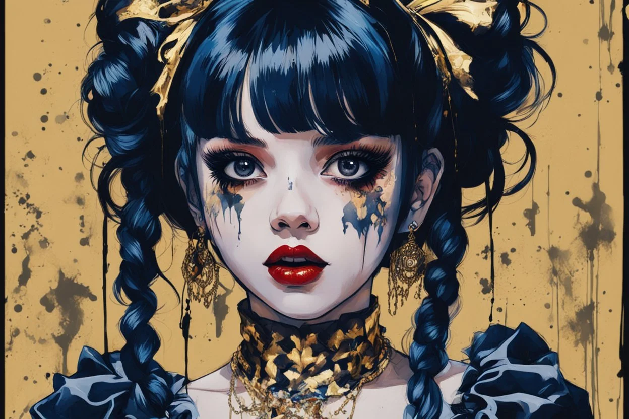 Poster in two gradually, a one side malevolent goth vampire girl face and other side the Singer Melanie Martinez face, full body, painting by Yoji Shinkawa, darkblue and gold tones,