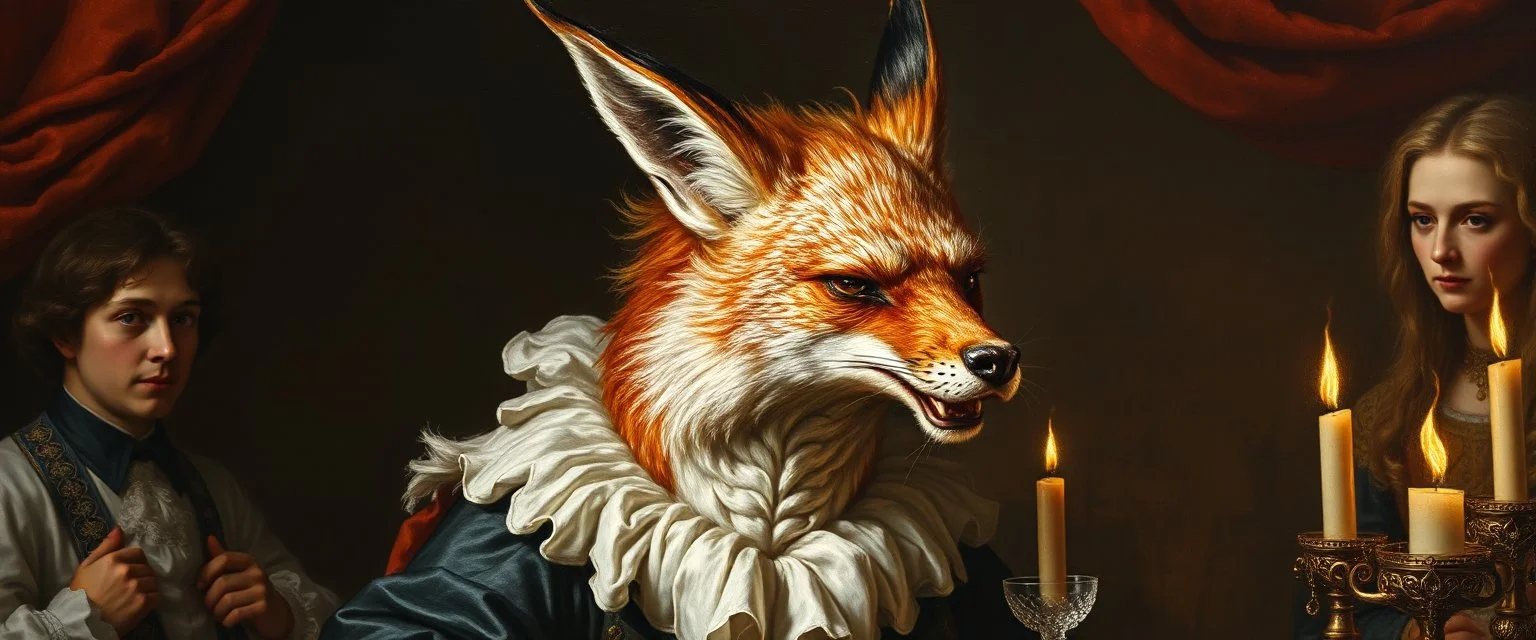 portrait painted by Rembrandt, stupid looking fire breathing dragon fox at banquet