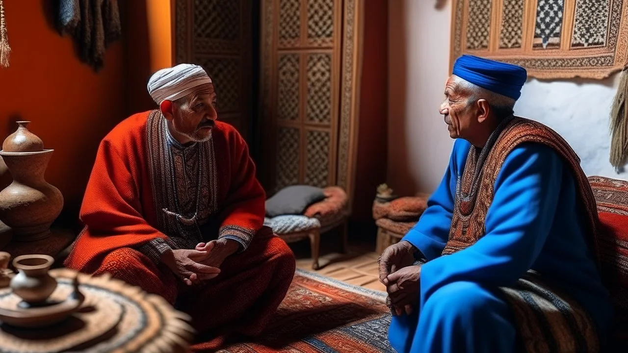 Two fifty-year-old people in traditional Moroccan clothing are discussing in the room of a Moroccan house