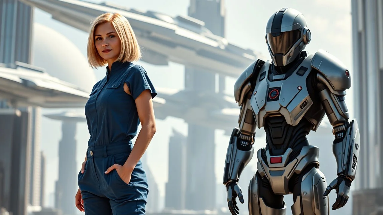 A full-body photograph of a young, slender woman with blond shoulder-length bob hair in a blue jumpsuit, standing in a futuristic cityscape with advanced spacecraft behind them, with an android in a huge metal exosuit with a helmet standing guard beside her.
