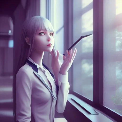 Anime, female student studying by the window,perfect face, cool face, ultra detail, unreal engine 5, cinema4d, sun light, studio lighting --ar 1:1 --v 4