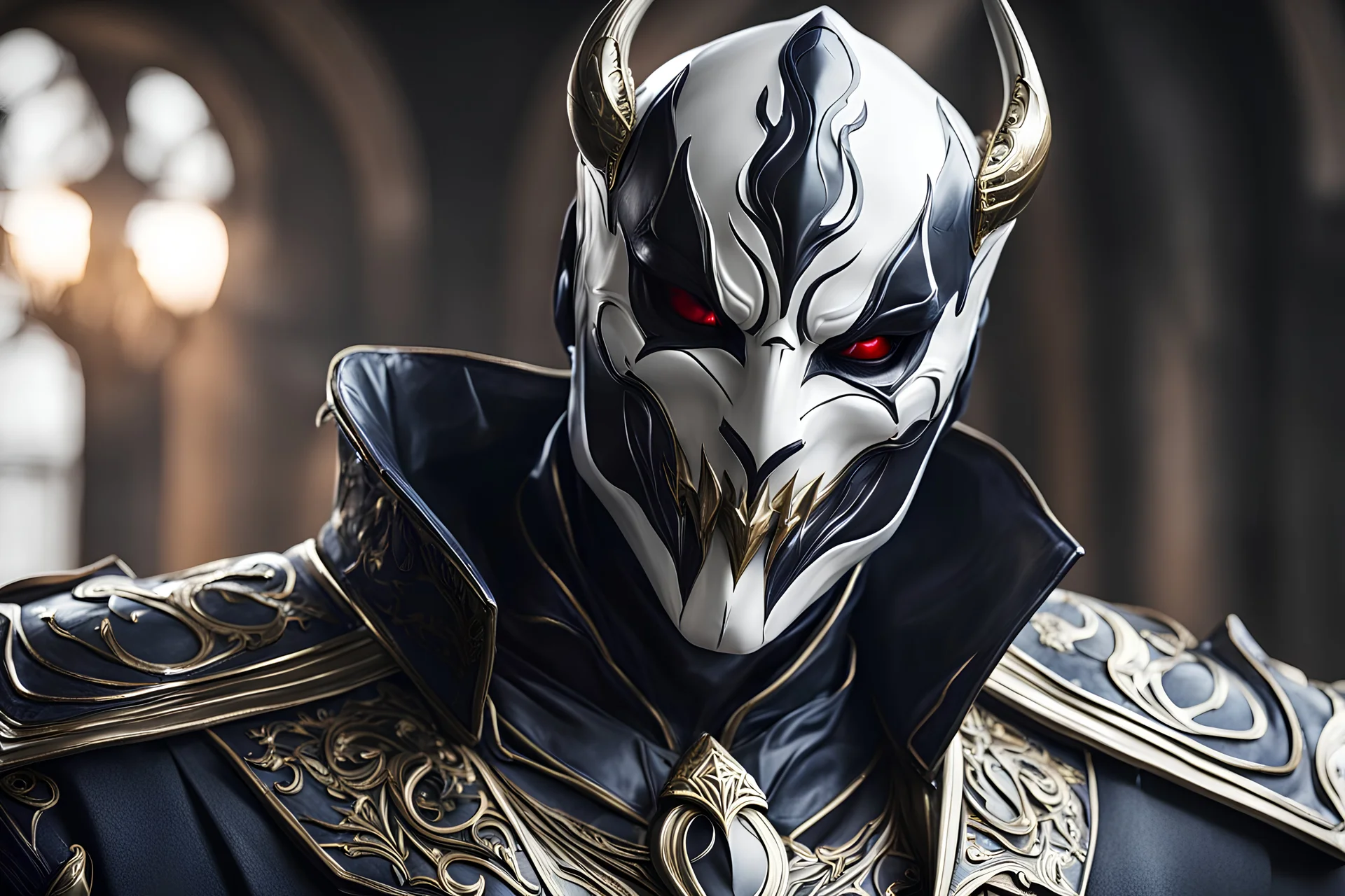 Jhin venom in 8k live action artstyle, white clown mask, close picture, intricate details, highly detailed, high details, detailed portrait, masterpiece,ultra detailed, ultra quality