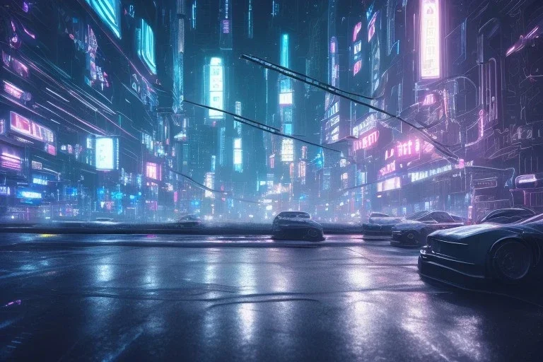 3D, beautiful, light reflecting, empty future city at night, rainy night, neon, cyberpunk, tron, one cyborg walking, 8k, hdr, high contrast, finely detailed, photo realistic