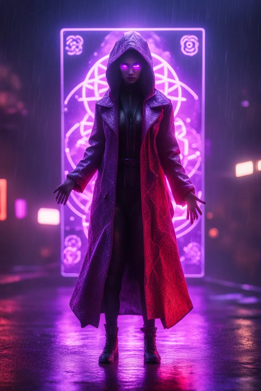 Lense flare,pen outline,Volumetric fog smack yoga snake lights,paradise sacred geometry framed playing card, black, red, spore and purple neon cyber punk dancer priestess teurgist in soaked rain coat shadows boss card in the style of escher and fallout 4 ,,bokeh like f/0.8, tilt-shift lens 8k, high detail, smooth render, down-light, unreal engine