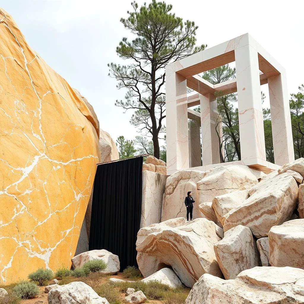 Un'immagine di un paesaggio naturale con marmi gialli e rossi pastello imponenti accanto a strutture artificiali verticali e alberi. Queste strutture sembrano blocchi rettangolari riflettenti, come colonne di vetro, che creano un contrasto tra il naturale e l'artificiale. Gabbia brutalista si erge solitaria. Persona osserva. bianco con venature e solchi. Tenda nera scende a terra. La scena trasmette un senso di sospensione e dialogo tra elementi organici. Dettagli delle rocce molto accentuati