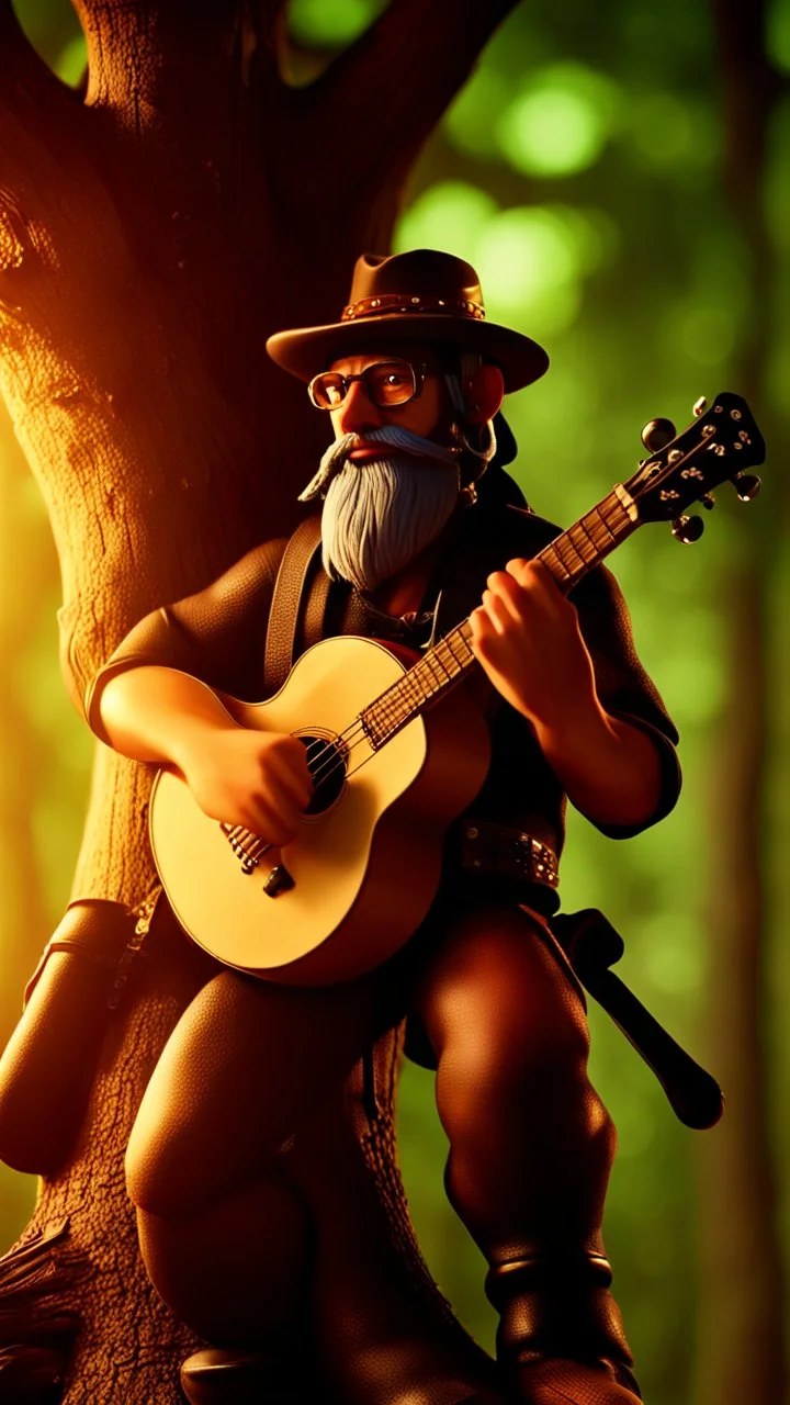 portrait of hairy rock banjo ninja sweet cucumber cowboy living inside a tree house in a hollow huge tree growing light bulbs, singing in the spotlight with smoke coming from below,bokeh like f/0.8, tilt-shift lens 8k, high detail, smooth render, down-light, unreal engine, prize winning