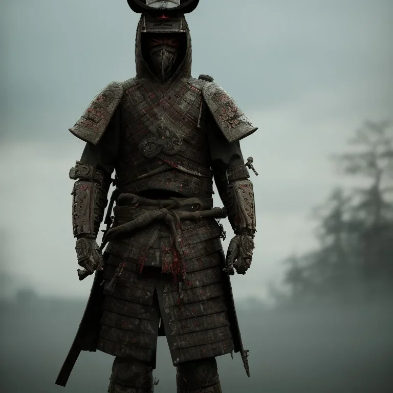 samurai in the blood walking into the flame of war, cinematic, HDR, highly detailed, mask cover whole face and hood, scull mask, ProPhoto RGB, Half rear Lighting, nsane details, intricate details, 32k, Super-Resolution, DOF, Color Grading, Depth of Field