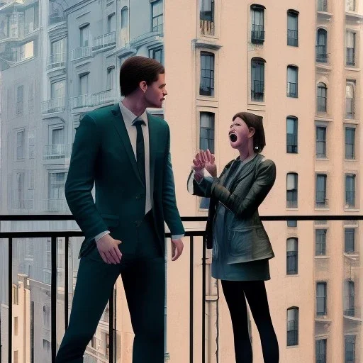 a man and a woman screaming at each other on a balcony, downtown new york, dramatic, dramatic lighting, volumetric lighting, hyperrealism, 8k, high quality, photorealistic, lot of details