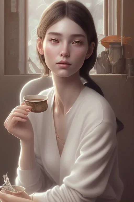 8k 4d photo realistic Highly detailed portrait of stunningly beautiful woman, sitting inside a cozy cafe, Atey Ghailan, by Loish, by Bryan Lee O'Malley, by Cliff Chiang, by Greg Rutkowski, inspired by image comics, potrait illustration, cute fine face, pretty face, realistic shaded perfect face, symetrical eyes, perfecet eyes