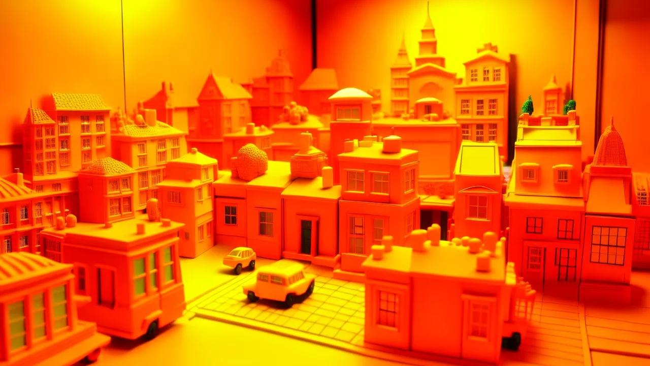 An orange colored town made out of toys painted by Andy Warhol