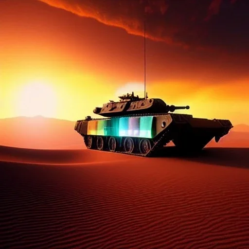 volumetric Wide desert view painted by chris foss with futuristic hovering military armored tank, floating, hover, 4k, 8k, [hovercraft] Minutiae, highly detailed, render, rivets, hovering, stripes, sunset duststorm, nimbus clouds