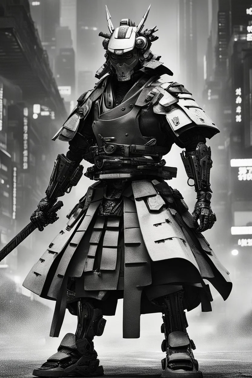 samurai robot in black and white cloak in a cyberpunk environment