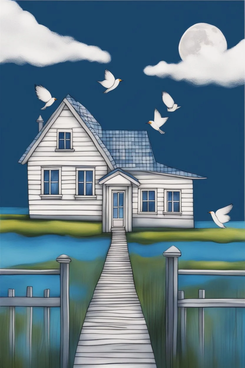 A white cozy house , ausmalbild, seerosen, dark blue sky with clouds and a blurred moon and small birds on the horizon