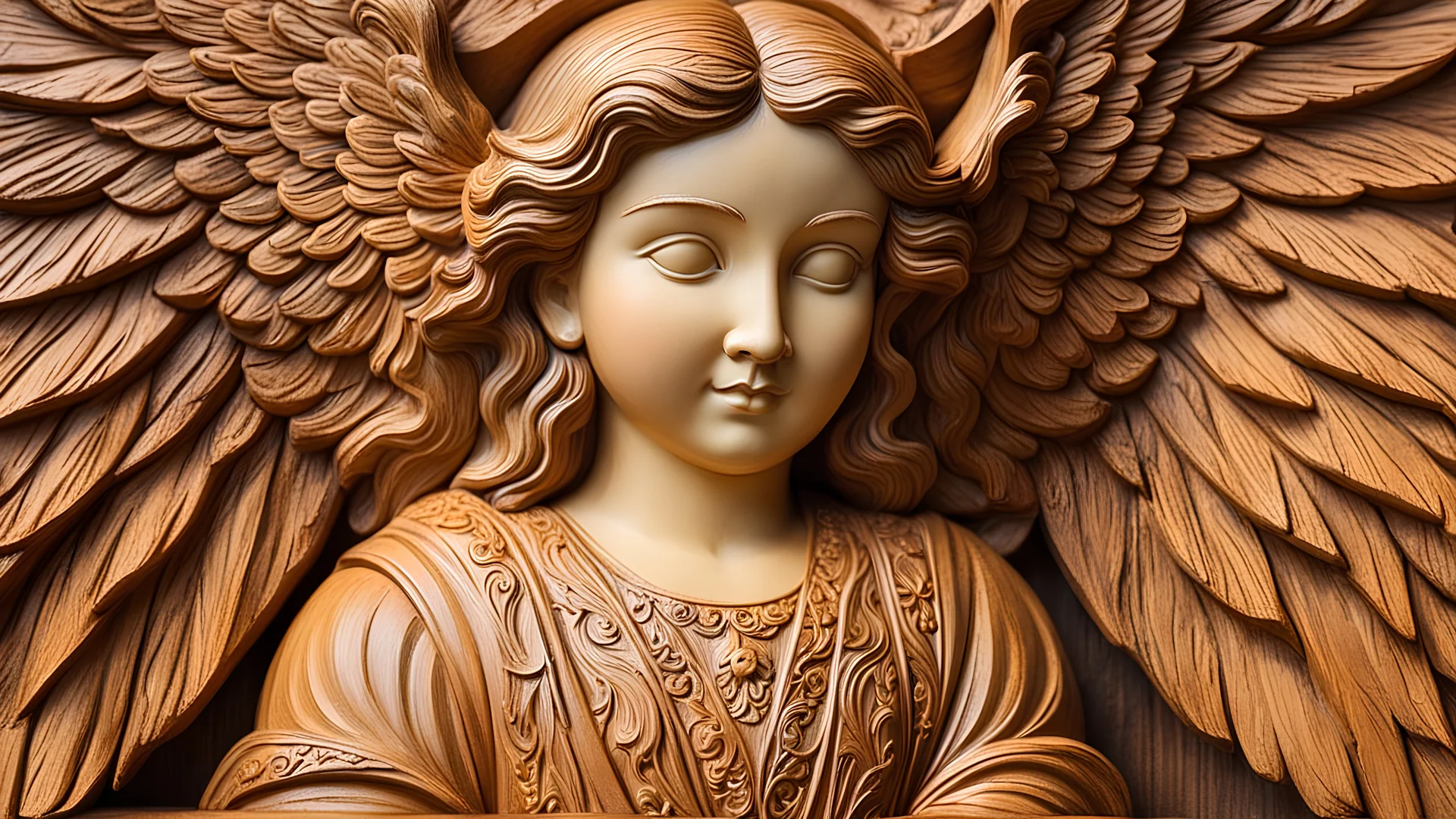 woodfigurez, closeup shot, masterpiece wood carving, angel carved out of big block of wood, detailed carving (painted with varnish colors:1.2), artistic style