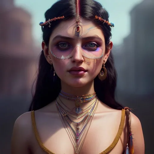 Detailed portrait of a young gypsy woman, contrasting colors, arrow makeup on her eyes, unreal engine, greg rutkowski, loish, rhads, beeple, makoto shinkai and lois van baarle, ilya kuvshinov, rossdraws, tom bagshaw, alphonse mucha, global illumination, detailed and intricate environment