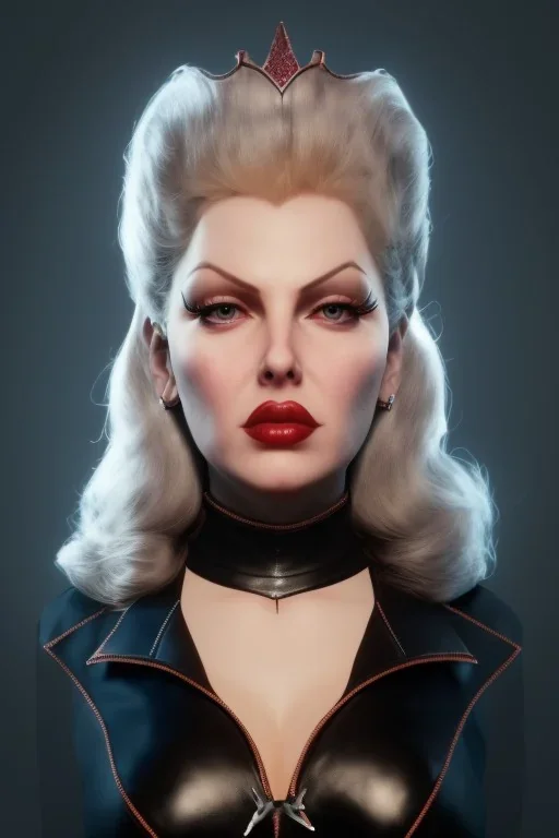 Lana Turner as evil queen in black leather, leather, busty, cleavage, angry, stern look. character design by cory loftis, fenghua zhong, ryohei hase, ismail inceoglu and ruan jia. unreal engine 5, artistic lighting, highly detailed, photorealistic, fantasy