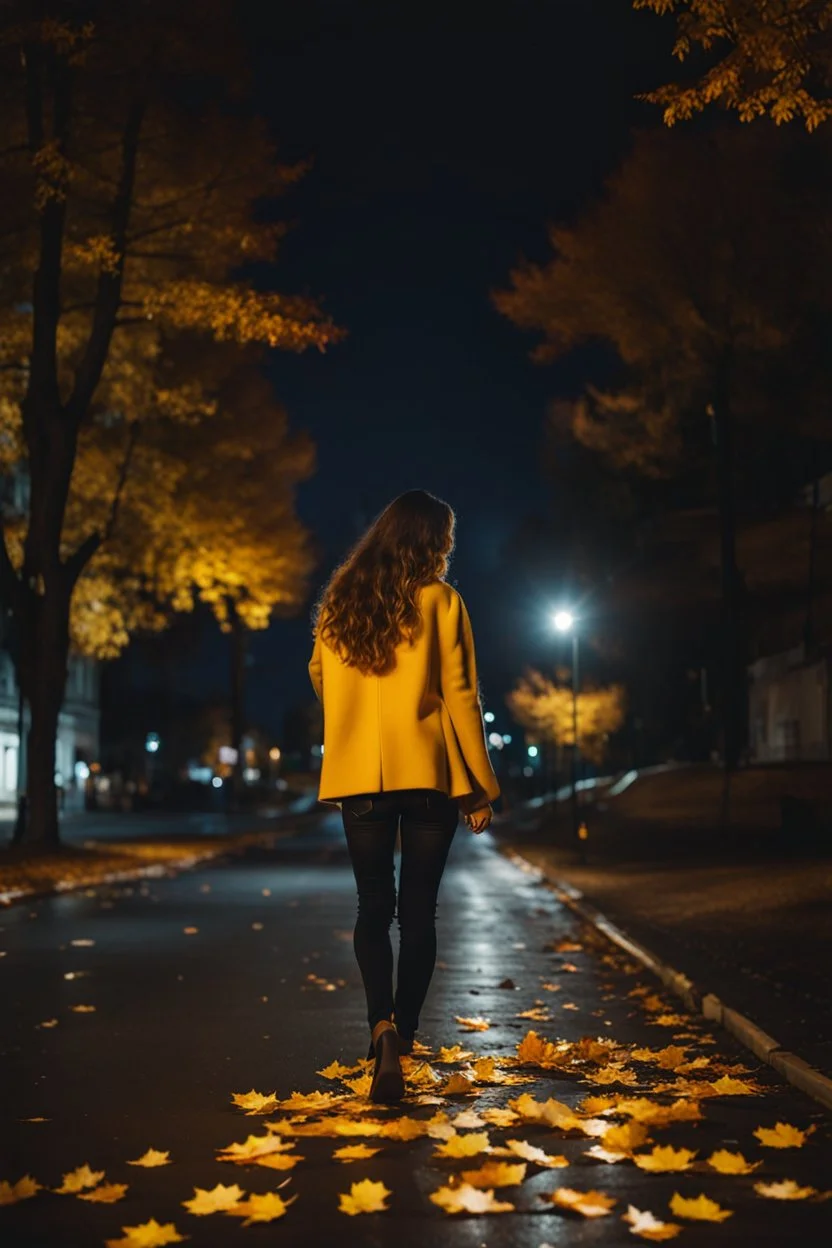 night yellow lights over the street trees autumn leaves under feet ,a Student adult girl with books in her hand walking in street looking to camera her lover flowing her with few steps far