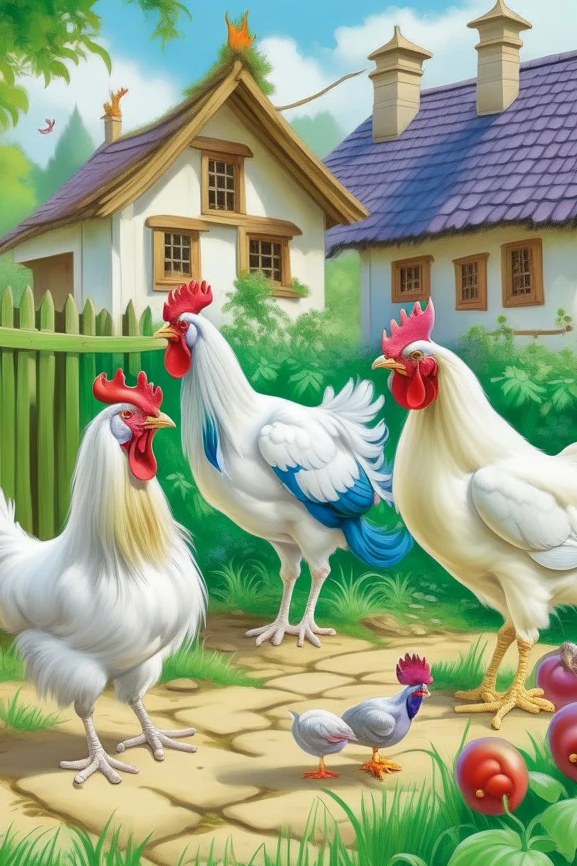 A few white hens with a colorful rooster eating grains next to an elegant country cottage