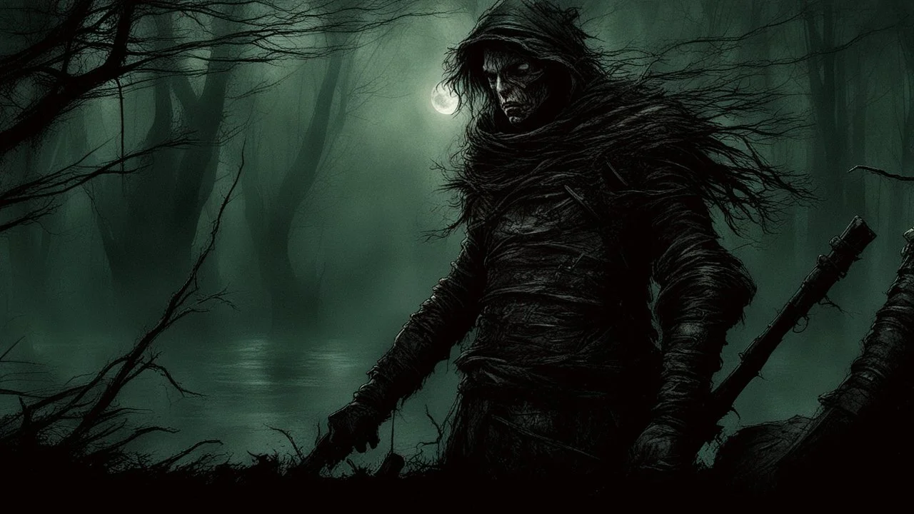 Night terrible forest, post-apocalypse, dark style, Luis Royo & Raymond Swanland