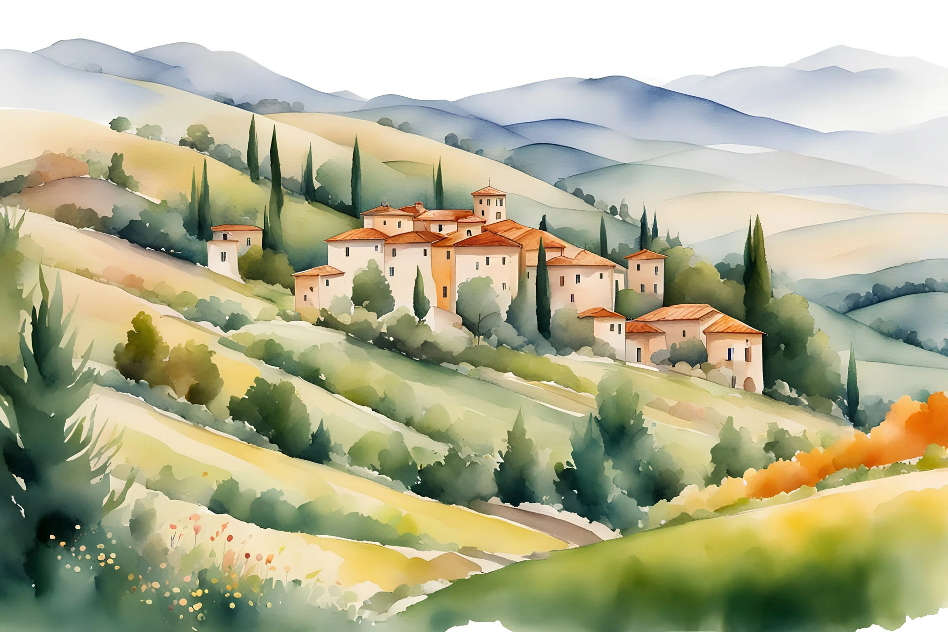 watercolor ,landscape, many colors, detailed, colorize, white background a hills, Tuscan villa on rolling hills, surrounded by green cypress trees and blooming fields. Infuse the scene with sunlight, conveying a cozy and tranquil atmosphere. a white background 9:11