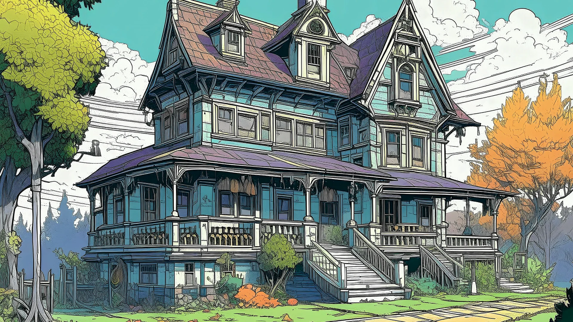 colorful flat illustration classical animes, An old, dilapidated Victorian-style house with a large wraparound porch, multiple gables, and a weathered, dark exterior. The house appears to be abandoned, surrounded by bare trees and a dirt path leading up to it, draw art style influenced by japanese artists, niji, black outlines