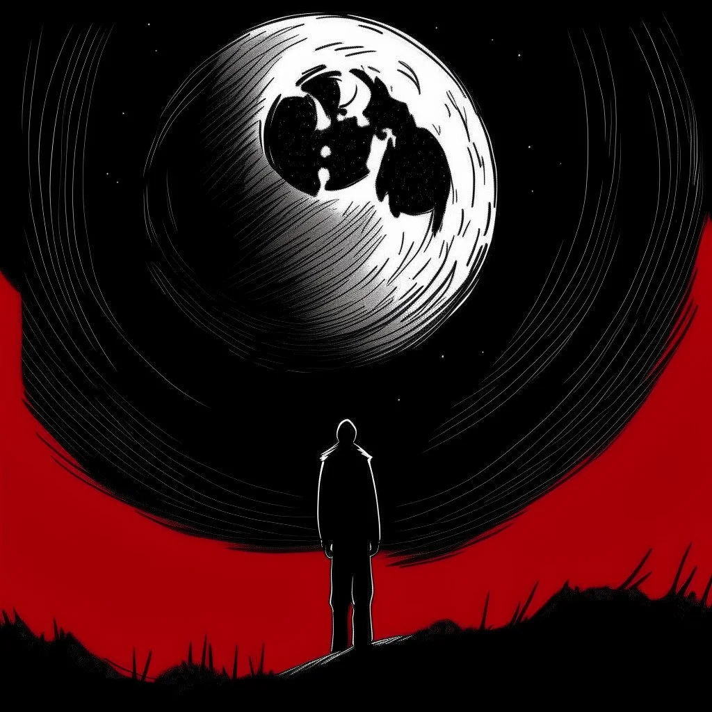 Man mesmerized by the moon, by Don Hertzfeldt, minimalistic creepy sketch, dark colors, red hues, complex contrast, dynamic composition