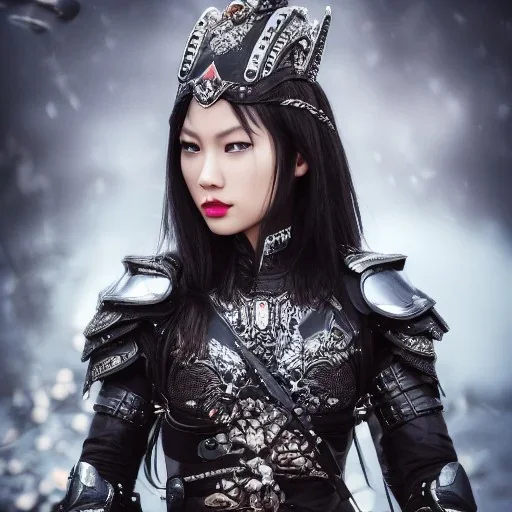 beautiful young asian queen with black leather studded armor, delicate black braided hair, glass eyes, highly detailed, 8k, ambient light, taylor swift