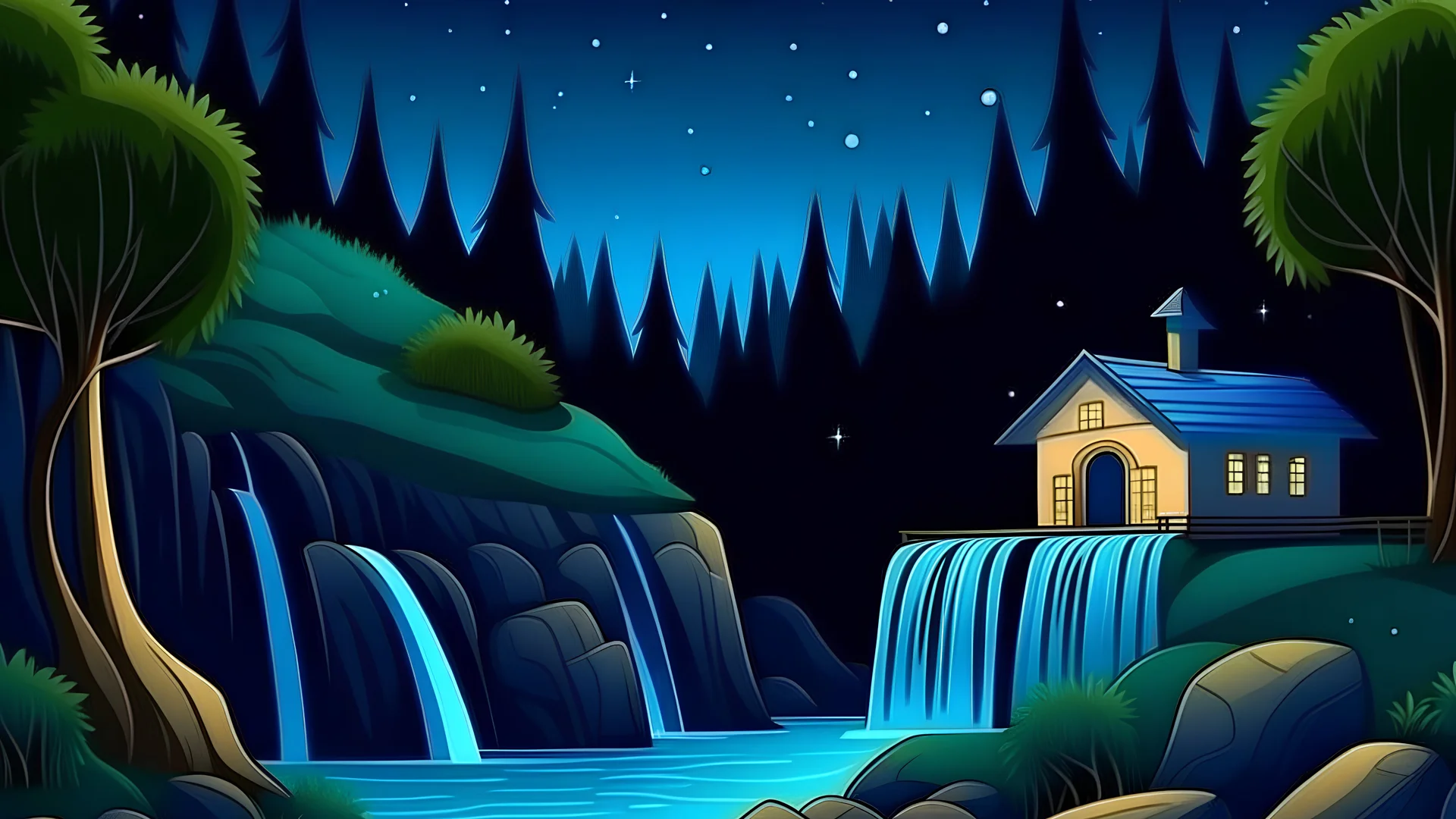 There is a small house near a waterfall in the starry night sky.