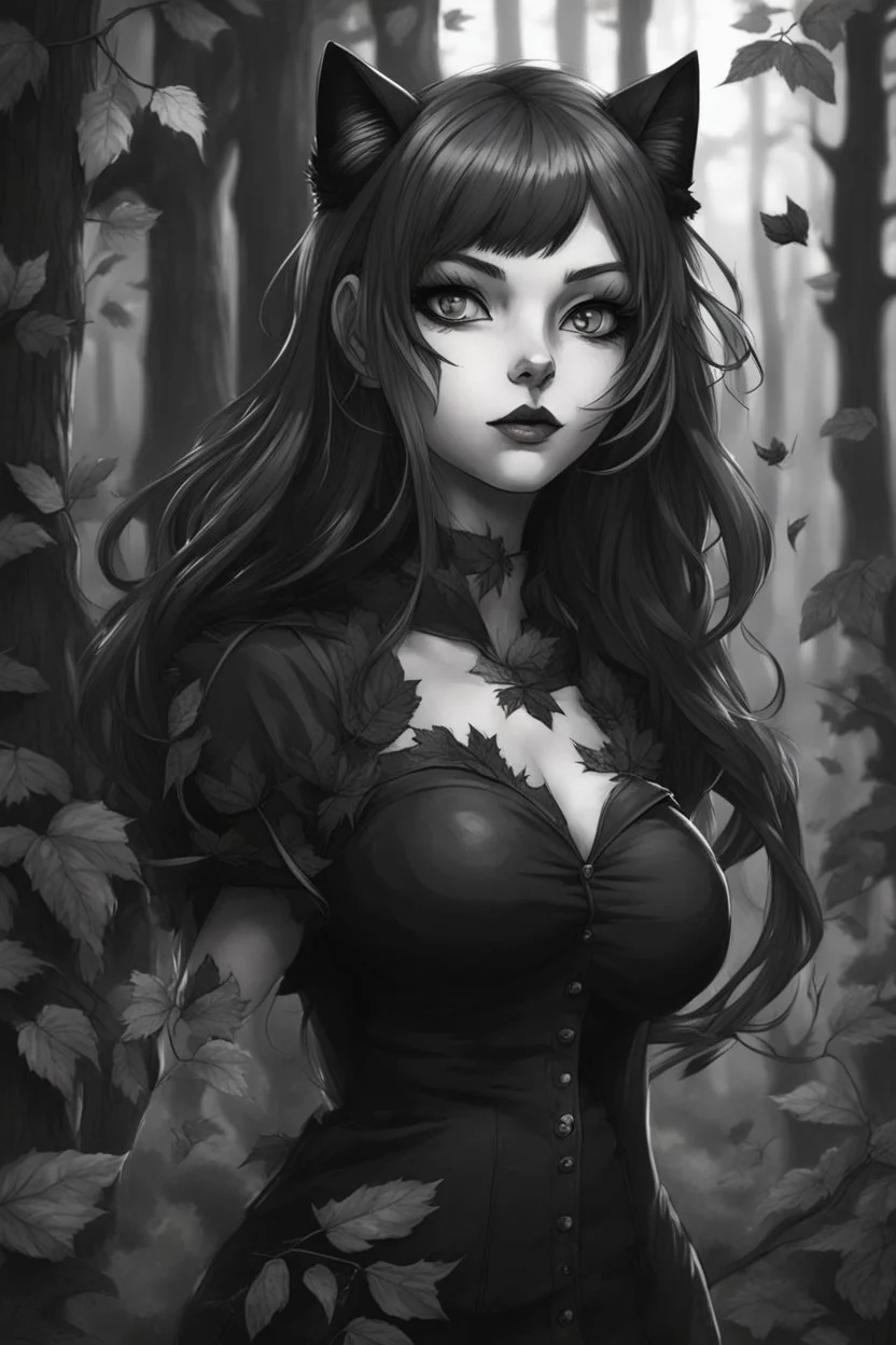 CAT GIRL, goth, forest, nature, cartoon, leaves, black and white hair, boobs, portrait