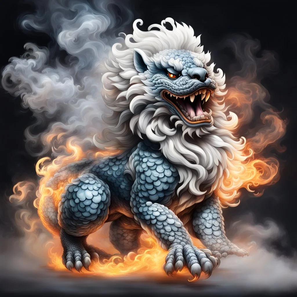 foo dog dragon with curly white fur, smokey breath and fire, a long tail, moving forward towards viewer, wrapped in smoke