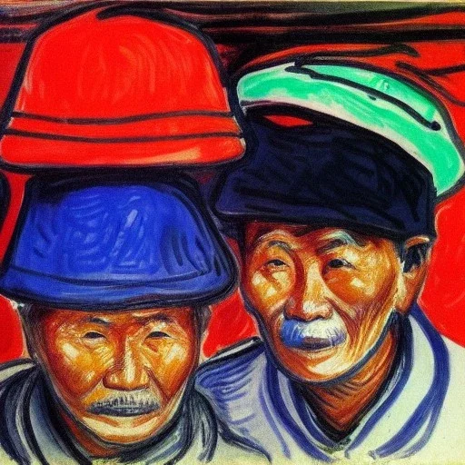 Portrait of OLd Chinese Fishermen on boat wearing bucket hat by edvard munch 8k