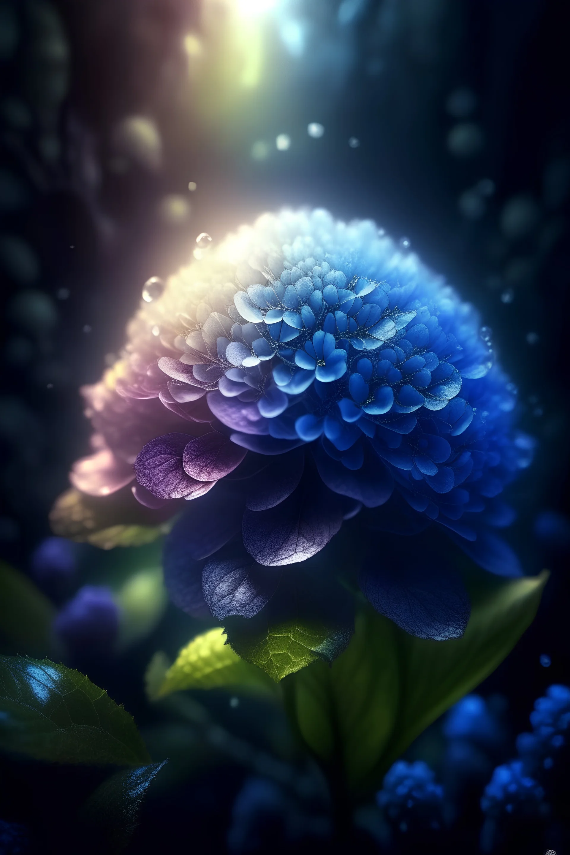 epic a full-size photo of a Hydrangea with innumerable petals, front illumination only, forest background, magic wake, fantasy illustration, sparks, glitter, grainy, noise, fractal crack effect, cinematic, deep depth of field, 3D, 16k resolution photorealistic, a masterpiece, breathtaking intricate details, reflective catchlights, high quality, abstract vector fractal, wave function, Zentangle, 3d shading