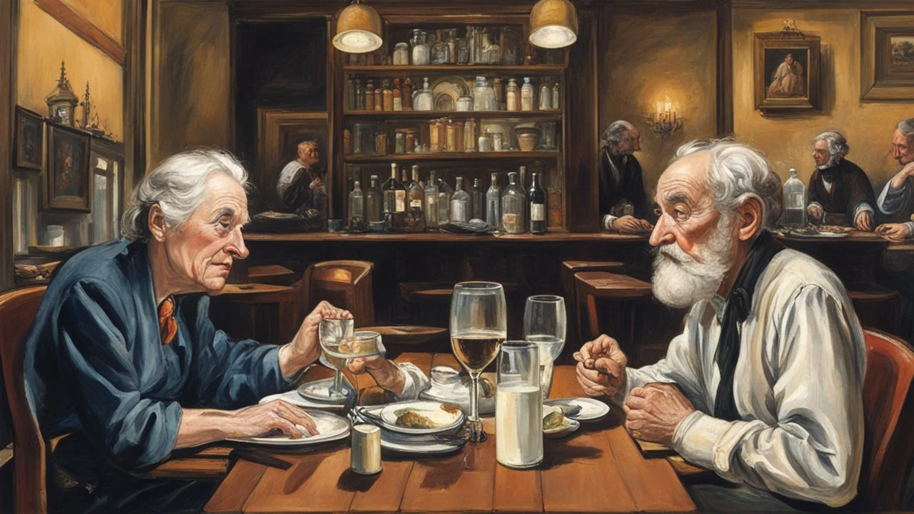 in a restaurant and old man and his lady at a table , two people