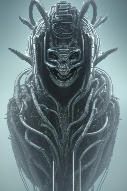 evil predator with crown, alien, brutal face, tron, head, bitcoin eyes, 8k, finely detailed, dark light, photo realistic, hr giger, cyberpunk